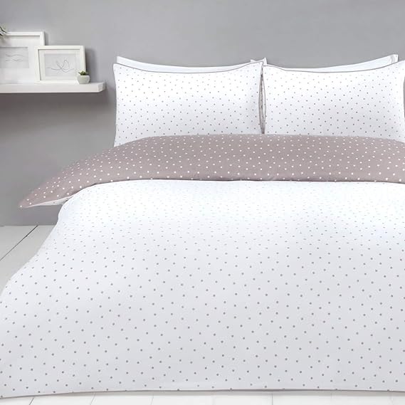 Sleepdown Duvet Cover Set – Mink White – Mini Polka Dots – Geometric Reversible Quilt Cover Easy Care Bed Linen Soft Cosy Bedding Sets with Pillowcases – Double (200cm x 200cm)