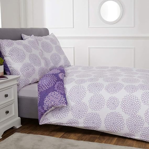 Sleepdown Geometric Spiro Floral Purple Ultra Soft Easy Care Hypoallergenic White Print Reversible Duvet Cover Quilt Bedding Set – 135cm x 200cm + 1 Pillowcase 80cm x 80cm