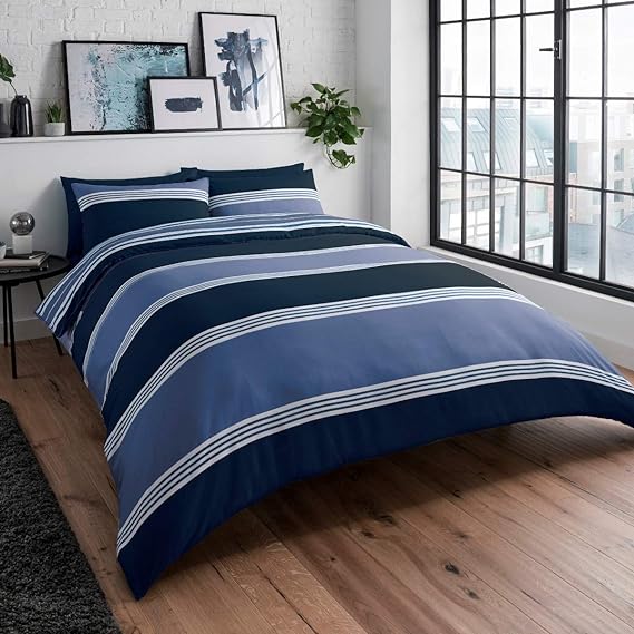 Sleepdown Duvet Cover Set – Navy Blue – Geometric Banded Stripe – Reversible Quilt Cover Easy Care Bed Linen Soft Cosy Bedding Sets with Pillowcase – Single (135cm x 220cm)